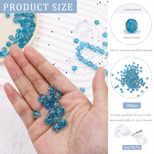 Gaiett 100Pcs Luminous Glass Beads Sky Blue 8mm Round Beads Glow Crystal Loose Beads with Rope for DIY Craft Bracelet Jewelry - Image 2