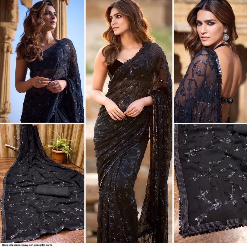 Sidhidata Women's Black Sequence Work Georgette Saree with Blouse Piece - Image 4