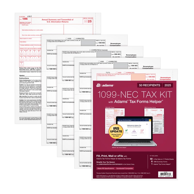 Adams 1099 NEC Forms 2025, 4-Part Kit for 50 Recipients, Includes 6 1096 Forms, QuickBooks Compatible, eFile Access and Printing Through Adams Tax Forms Helper Software (1017236) - Image 1