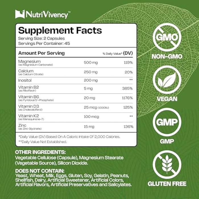 NutriVivency Magnesium Carbonate Capsules 500mg, Magnesium Carbonate Supplement with Calcium, Inositol, Vitamin B2, B6, D3, K2, Zinc for Bone Health, Muscle & Digestive Support, Vegan, Non-GMO, 90 Capsules - Image 2