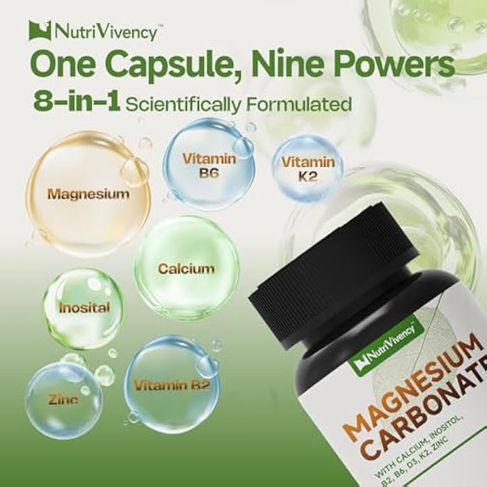NutriVivency Magnesium Carbonate Capsules 500mg, Magnesium Carbonate Supplement with Calcium, Inositol, Vitamin B2, B6, D3, K2, Zinc for Bone Health, Muscle & Digestive Support, Vegan, Non-GMO, 90 Capsules - Image 4
