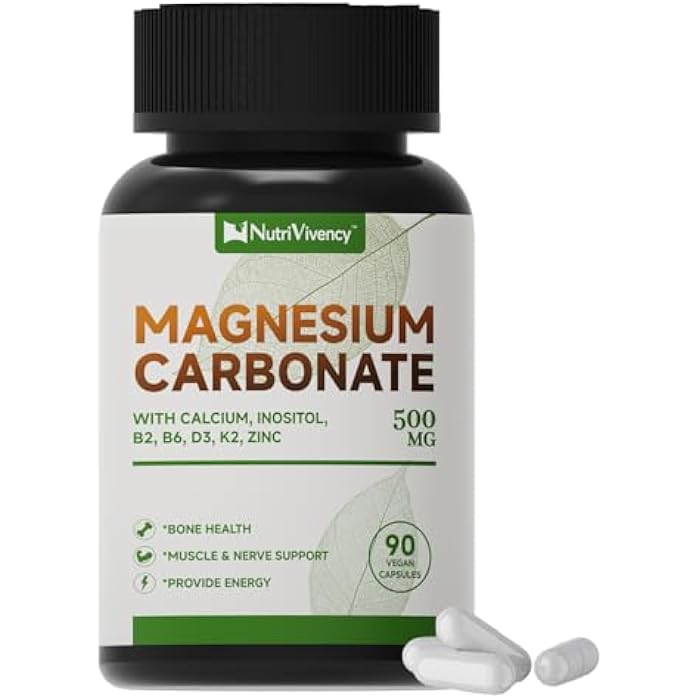 NutriVivency Magnesium Carbonate Capsules 500mg, Magnesium Carbonate Supplement with Calcium, Inositol, Vitamin B2, B6, D3, K2, Zinc for Bone Health, Muscle & Digestive Support, Vegan, Non-GMO, 90 Capsules - Image 1