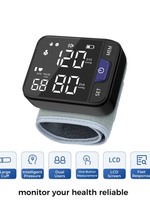 Rechargeable LCD Digital Display Wrist Blood Pressure Monitor Cuff Blood Pressure Tester Dual 99 Readable Memory Large Display Voice 3 Color Background Heart Rate Automatic Blood Pressure Monitor