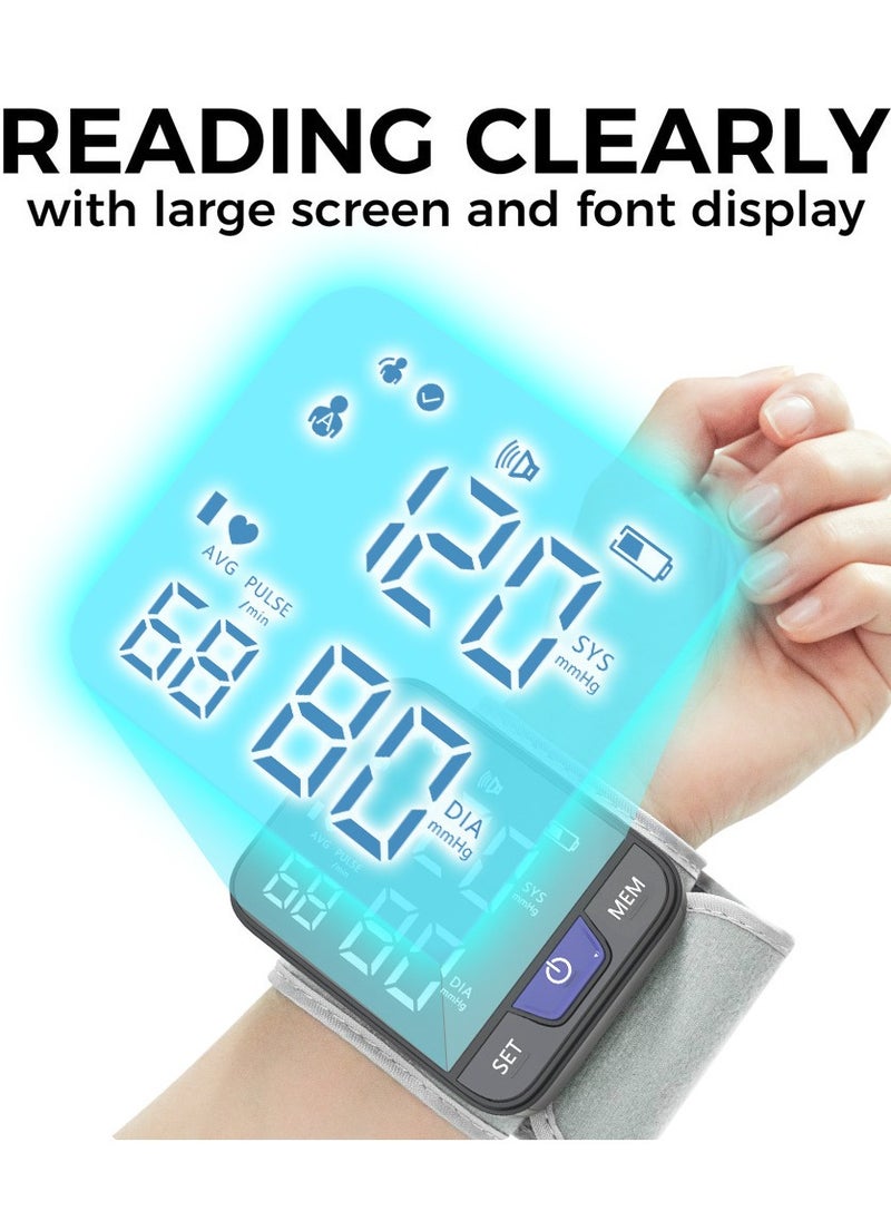 Rechargeable LCD Digital Display Wrist Blood Pressure Monitor Cuff Blood Pressure Tester Dual 99 Readable Memory Large Display Voice 3 Color Background Heart Rate Automatic Blood Pressure Monitor