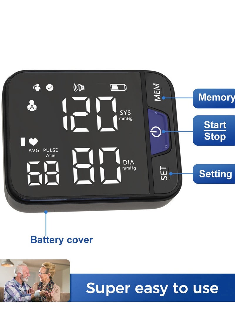 Rechargeable LCD Digital Display Wrist Blood Pressure Monitor Cuff Blood Pressure Tester Dual 99 Readable Memory Large Display Voice 3 Color Background Heart Rate Automatic Blood Pressure Monitor