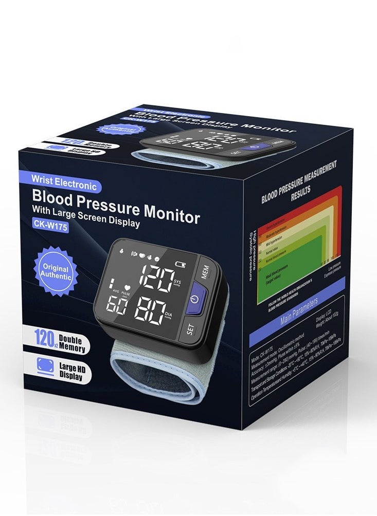 Rechargeable LCD Digital Display Wrist Blood Pressure Monitor Cuff Blood Pressure Tester Dual 99 Readable Memory Large Display Voice 3 Color Background Heart Rate Automatic Blood Pressure Monitor