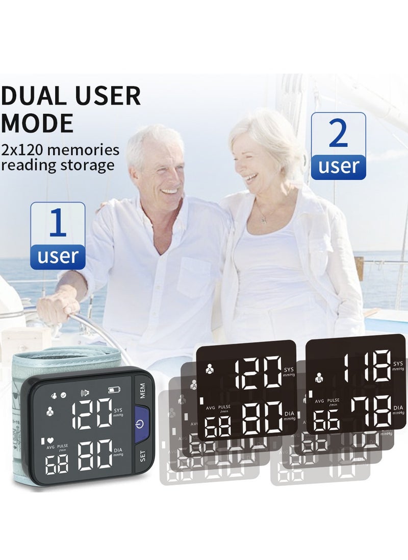 Rechargeable LCD Digital Display Wrist Blood Pressure Monitor Cuff Blood Pressure Tester Dual 99 Readable Memory Large Display Voice 3 Color Background Heart Rate Automatic Blood Pressure Monitor
