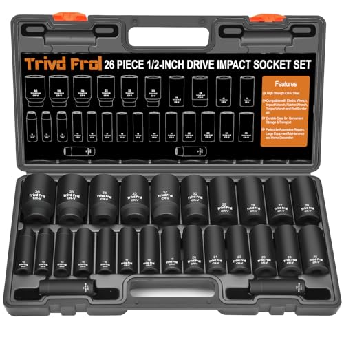 Trivd Frol Metric Impact Socket Set 1/2" Drive - Trivd Frol 26 Piece Deep Impact Socket Set 1/2" Drive, Metric Socket Set 10mm to 36mm Large Socket Set, Impact Driver Socket Set, Cr-V Steel, Double Lock Case - Image 1