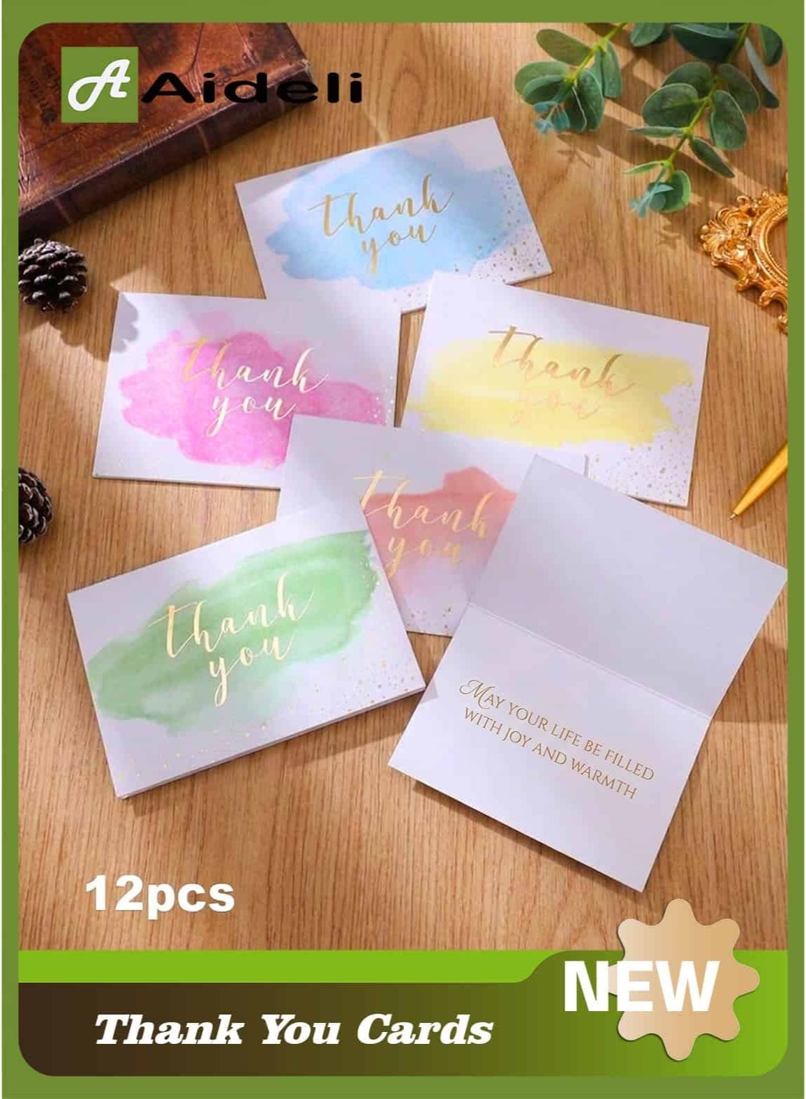 Thank You Cards Pack of 12 – Gold Foil Watercolor Design, Blank Inside Greeting Cards for Wedding, Birthday, Business, Friends & Family