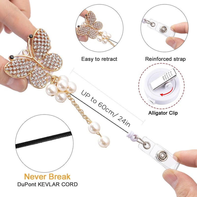 HASFINE 5 Pack Crystal Badge Holders Retractable Badge Reel,Bling Rhinestone Butterfly and Bee ID Name Badge Reels,Pretty Nursing Badge Holder with Alligator Clip for Nurse Teacher Student Worker - Image 3
