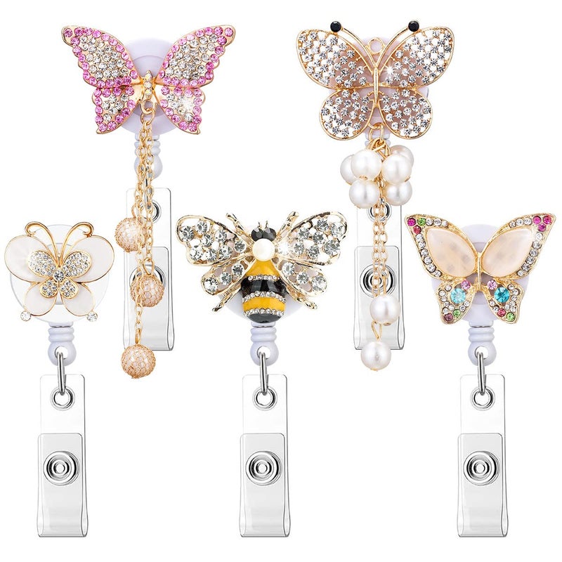HASFINE 5 Pack Crystal Badge Holders Retractable Badge Reel,Bling Rhinestone Butterfly and Bee ID Name Badge Reels,Pretty Nursing Badge Holder with Alligator Clip for Nurse Teacher Student Worker - Image 1