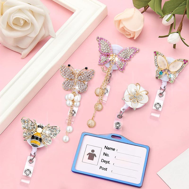 HASFINE 5 Pack Crystal Badge Holders Retractable Badge Reel,Bling Rhinestone Butterfly and Bee ID Name Badge Reels,Pretty Nursing Badge Holder with Alligator Clip for Nurse Teacher Student Worker - Image 2