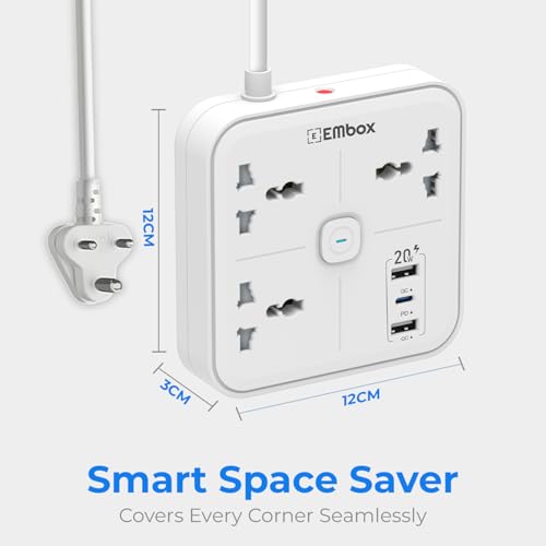 Embox Extension Board 5 Meter Cable | USB Ports 2 QC1 PD (20W) and 3 Universal Sockets | Extension Cord with Overload Protector | 2500W Extension Board with Switches Safety Shutter LED Indicator - Image 3
