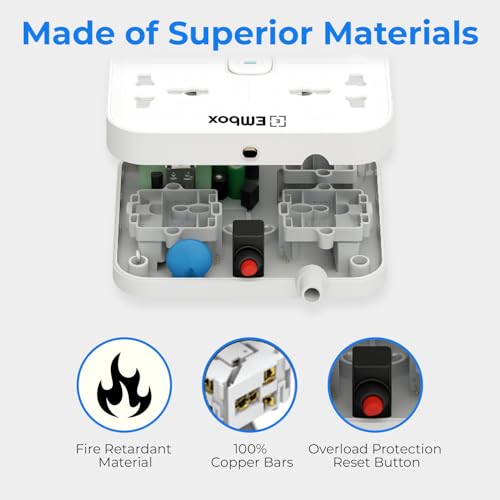 Embox Extension Board 5 Meter Cable | USB Ports 2 QC1 PD (20W) and 3 Universal Sockets | Extension Cord with Overload Protector | 2500W Extension Board with Switches Safety Shutter LED Indicator - Image 5
