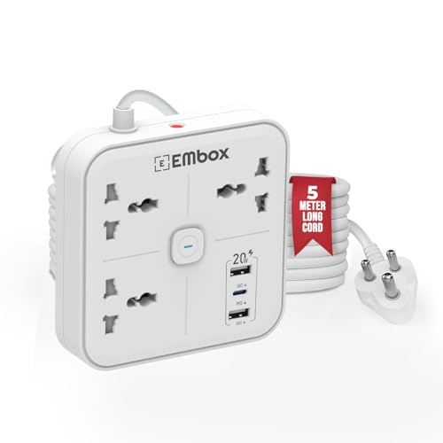 Embox Extension Board 5 Meter Cable | USB Ports 2 QC1 PD (20W) and 3 Universal Sockets | Extension Cord with Overload Protector | 2500W Extension Board with Switches Safety Shutter LED Indicator - Image 1