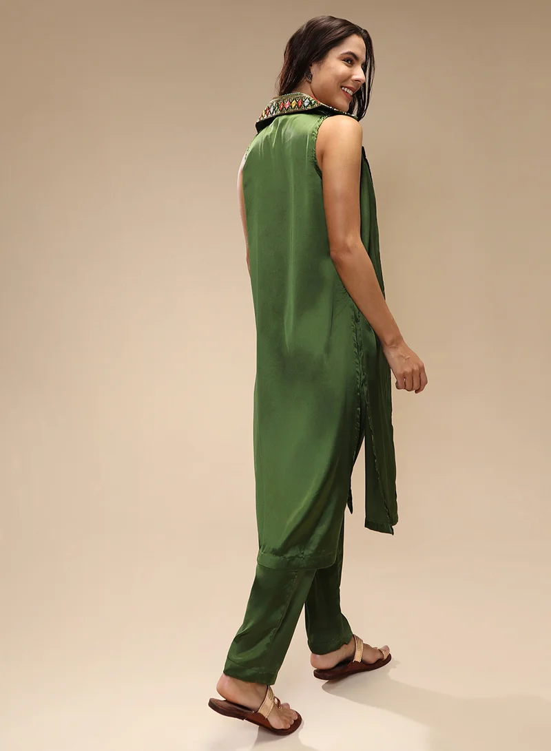 QISSA Qissa Women's Forest Green Ethnic Block Co-Ord Set For Casual Wear | V-Neck | Sleeveless | 3 Piece Co-Ords Designed With Comfort Fit For Everyday Ethnic Wear