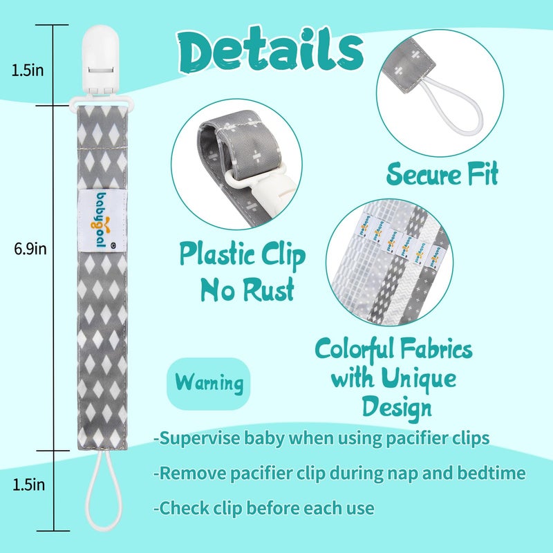 babygoal Neutral Grey Pacifier Clips, 6 Pack Binky Paci Holder Clip and Leash Fits for Most Pacifiers and Binkies 6PS09 - Image 3