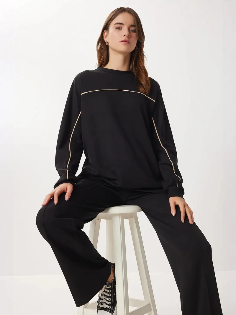 إسطنبول الساحرة ISTANBUL Contrast Binding Detail Sweatshirt & Wide Leg Two-Piece Set