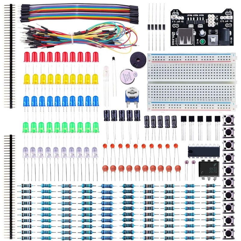Electronicspices مجموعة البداية الإلكترونية لأردوينو مع لوحة دوائر | LED | مقاوم | مكثف | وحدة طاقة (298 عنصر) - Image 1
