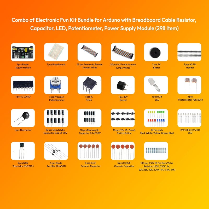 Electronicspices مجموعة البداية الإلكترونية لأردوينو مع لوحة دوائر | LED | مقاوم | مكثف | وحدة طاقة (298 عنصر) - Image 2