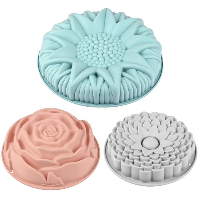 Sakolla 3 Pack Flower Shape Silicone Cake Molds Large Round Silicone Molds for Baking Cake Breads Pies Tarts Jello Rose Chrysanthemum Sunflower