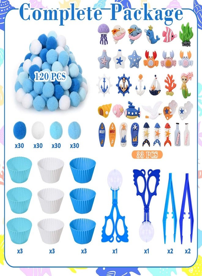 Sanixin 168 Pcs Ocean Sensory Bin Fillers Sea Animal Fine Motor Skills Summer Sensory Bin Item Pompoms Cups Tweezers Scissor Clips for Preschool Education Activities Sorting Counting (Sea) - Image 2