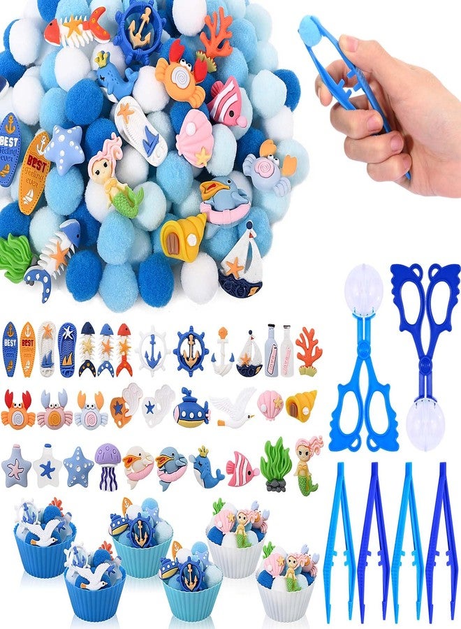 Sanixin 168 Pcs Ocean Sensory Bin Fillers Sea Animal Fine Motor Skills Summer Sensory Bin Item Pompoms Cups Tweezers Scissor Clips for Preschool Education Activities Sorting Counting (Sea) - Image 1