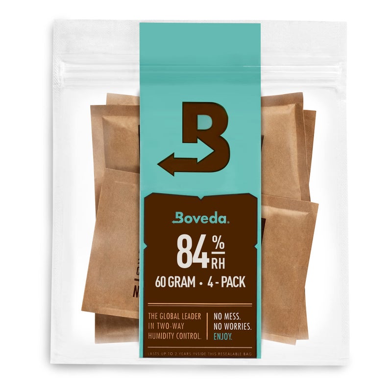 Boveda باوفيدا لتتبيل عبوات التحكم في الرطوبة ثنائية الاتجاه - 84% رطوبة نسبية لتتبيل صندوق مرطب خشبي (صغير إلى متوسط الحجم، حتى 100 قطعة) - الحجم 60 - عبوة 4 في كيس قابل لإعادة الإغلاق - Image 1