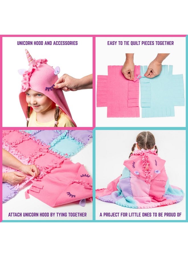 GirlZone - Unicorn Snuggles No Sew Quilt Kit, Diy Tie Blanket Kit With 32 Colorful Quilt Pieces And Unicorn Hood Materials To Create Your Own Blanket - Image 1