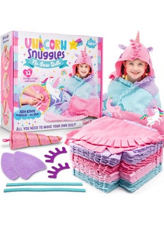 Unicorn Snuggles No Sew Quilt Kit, Diy Tie Blanket Kit With 32 Colorful Quilt Pieces And Unicorn Hood Materials To Create Your Own Blanket