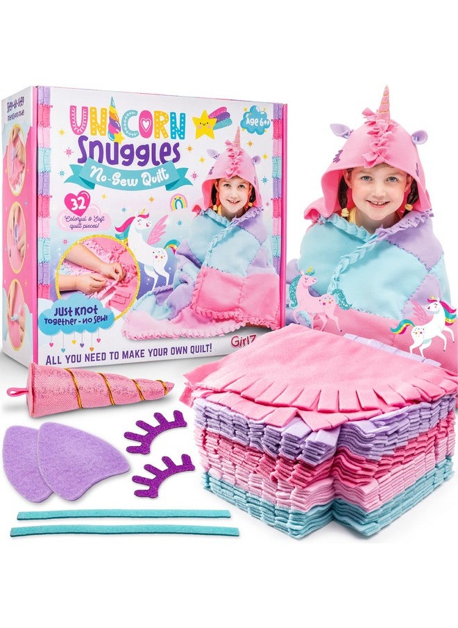 GirlZone - Unicorn Snuggles No Sew Quilt Kit, Diy Tie Blanket Kit With 32 Colorful Quilt Pieces And Unicorn Hood Materials To Create Your Own Blanket - Image 1
