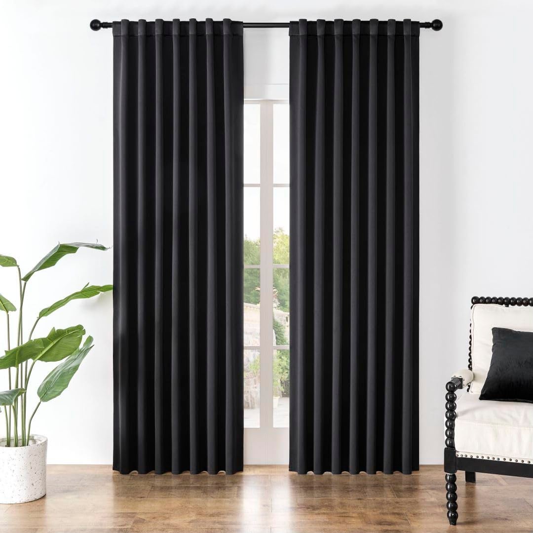 Joydeco Black Blackout Curtains 96 Inches Long Black Out Curtains 96 Inch Length 2 Panels Set for Bedroom Room Darkening Curtains & Drapes for Living Room Window (W52 x L96 Inch Black)