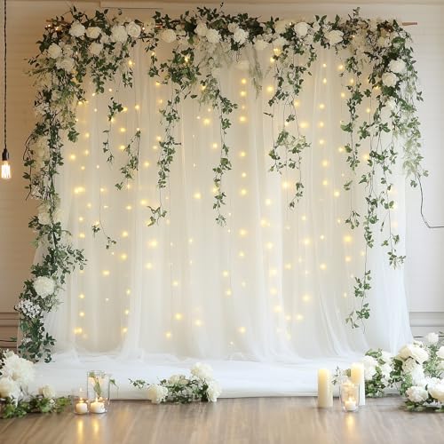 Xiomot Tulle Backdrop Curtain with Lights String 10FT X 8FT Ivory Sheer Tulle Backdrop Curtains for Wedding Birthday Party Reception Photo Booth Background Decorations 2 Panels 5x8FT - Image 1