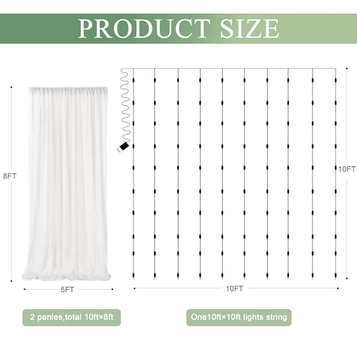 Xiomot Tulle Backdrop Curtain with Lights String 10FT X 8FT Ivory Sheer Tulle Backdrop Curtains for Wedding Birthday Party Reception Photo Booth Background Decorations 2 Panels 5x8FT - Image 3