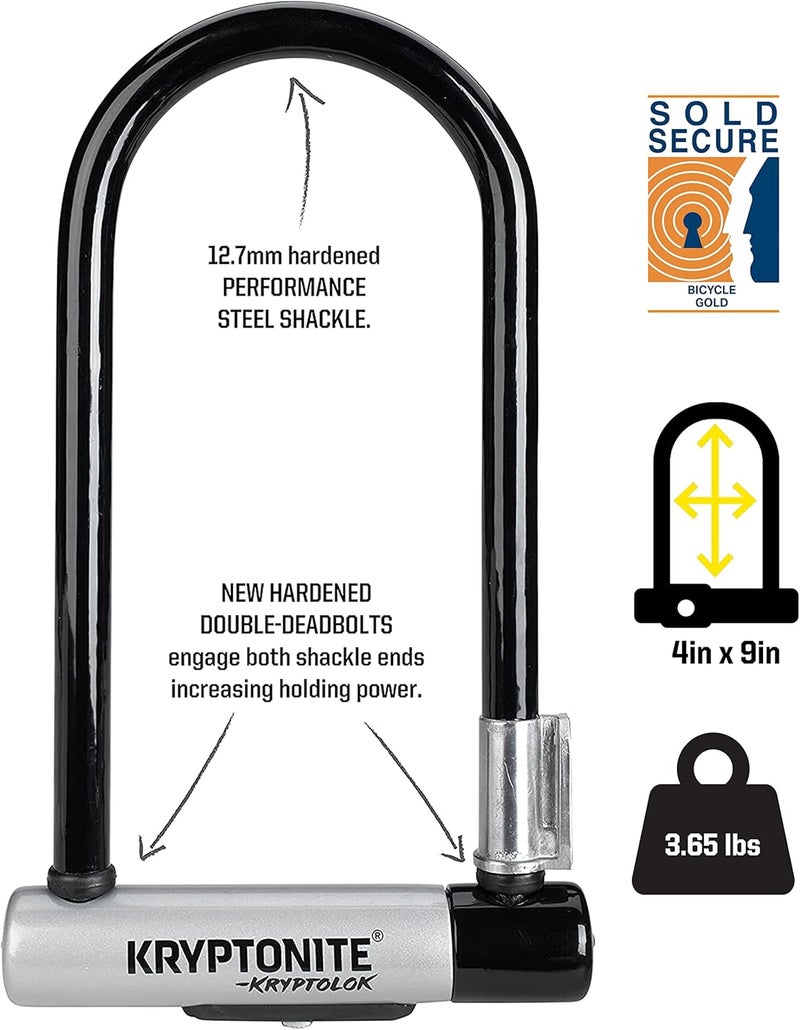 Kryptonite Kryptolok Standard Bike U-Lock with Cable, Heavy Duty Anti-Theft Bicycle U Lock, 12.7mm Shackle and 10mm x 4ft Length Security Cable with Mounting Bracket and Keys - Image 2