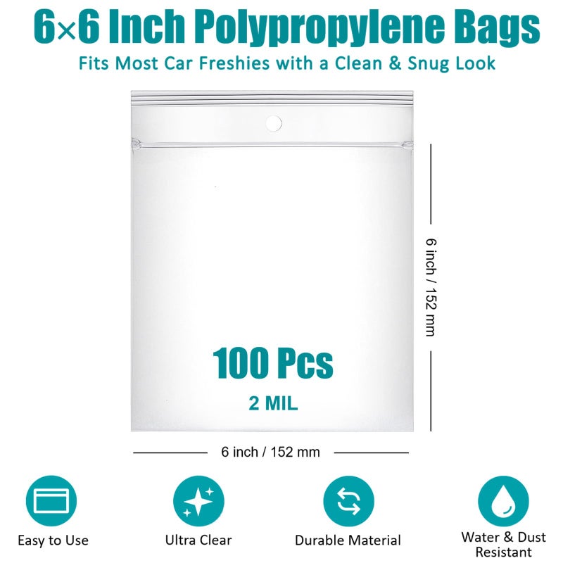 MUBYOK 6" x 6" Ultra Clear Plastic Reclosable Zip Bags for Car Freshie-Polypropylene Bags with Hang Hole for Display-2 mil Thick with Resealable Lock Seal Zipper(Pack of 100) - Image 4