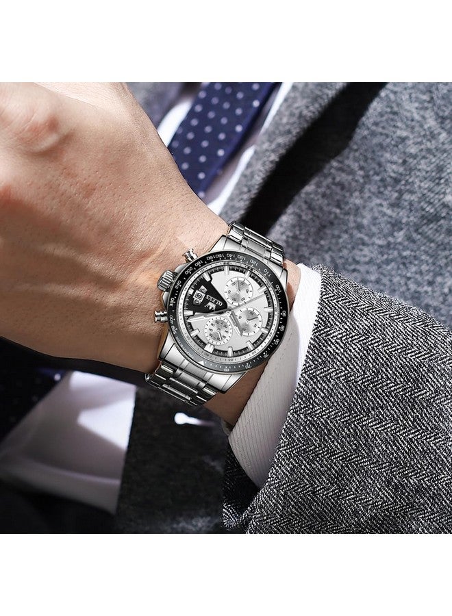 OLEVS Watch for Men Analog Quartz Chronograph Watches Stainless Steel Dress Calendar Waterproof Easy Reader Wrist Watch Silver White - Image 2