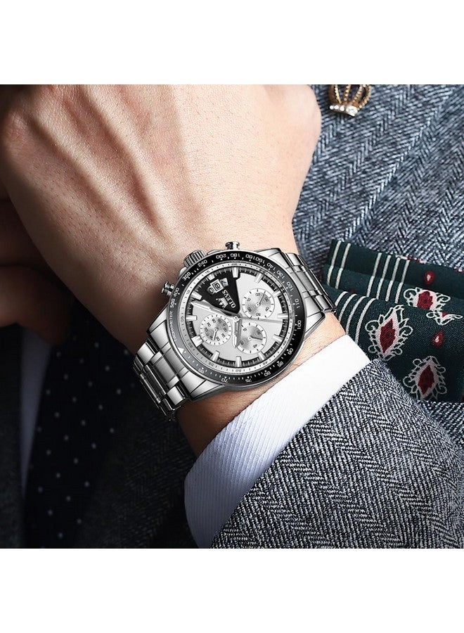 OLEVS Watch for Men Analog Quartz Chronograph Watches Stainless Steel Dress Calendar Waterproof Easy Reader Wrist Watch Silver White - Image 3