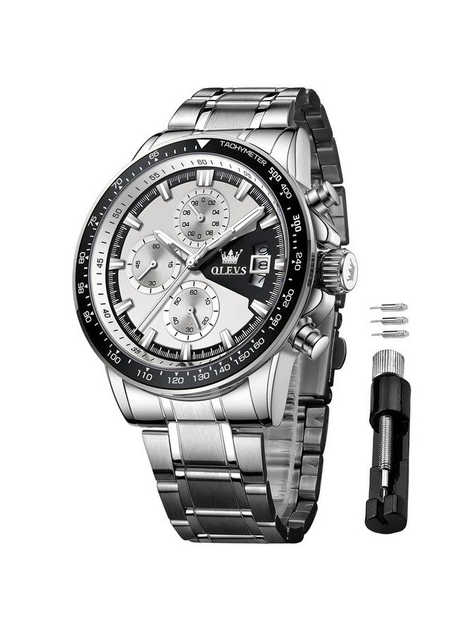 OLEVS Watch for Men Analog Quartz Chronograph Watches Stainless Steel Dress Calendar Waterproof Easy Reader Wrist Watch Silver White - Image 1