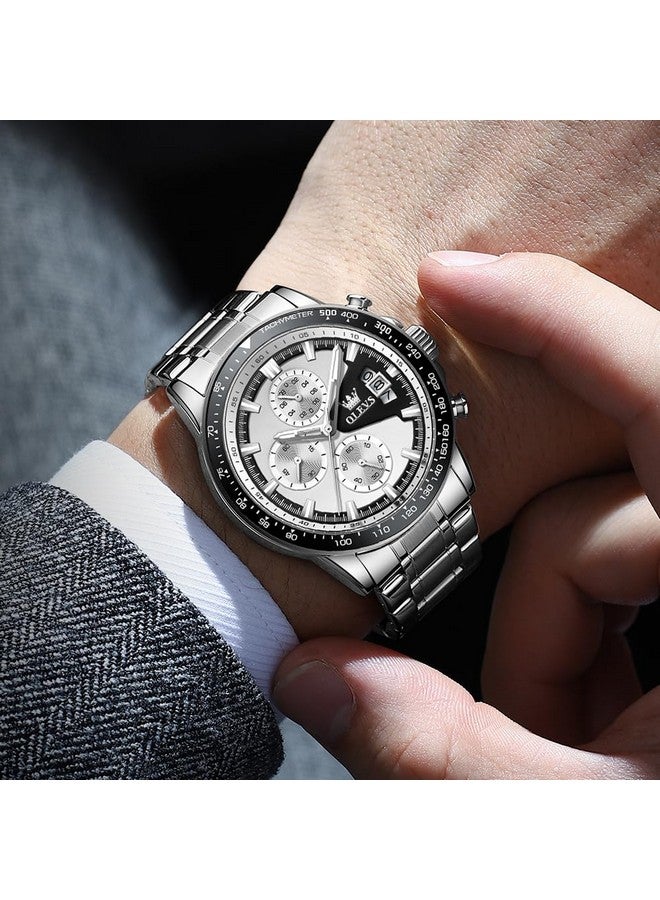 OLEVS Watch for Men Analog Quartz Chronograph Watches Stainless Steel Dress Calendar Waterproof Easy Reader Wrist Watch Silver White - Image 4