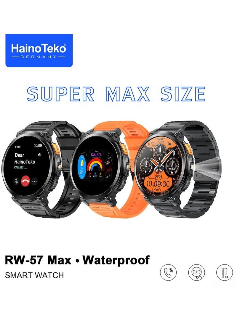 Haino Teko RW-57 Max Waterproof Smartwatch with Large Screen AMOLED Display, Built-in Flash Light, 3 Pair Interchangeable Straps, and Charging Cable – Designed for Men, Fitness Tracker & Health Monitor. - Image 1