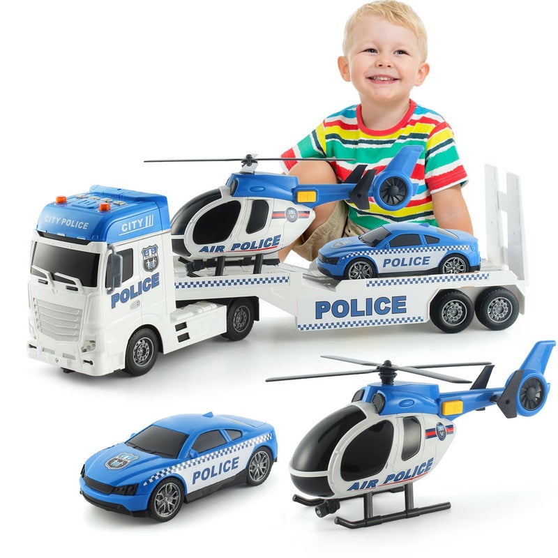 CSDCSD 25.6'' Large Police Car Toy and Semi Truck Toy with Racing Car and Helicopter - Police Toys,Birthday Gifts for Kids Child 3 4 5 6 Years Old - Image 1