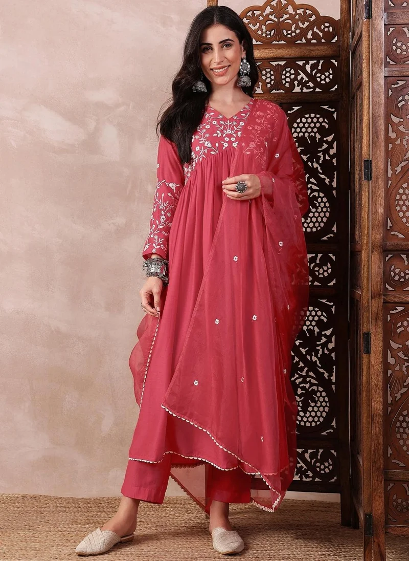 ZERESOUQ Red Cotton Blend Solid Embroidered A-Line 3-Piece Kurta Set