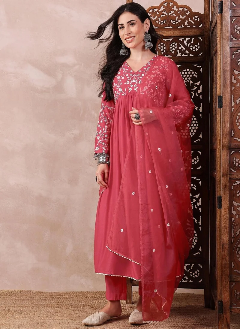 ZERESOUQ Red Cotton Blend Solid Embroidered A-Line 3-Piece Kurta Set