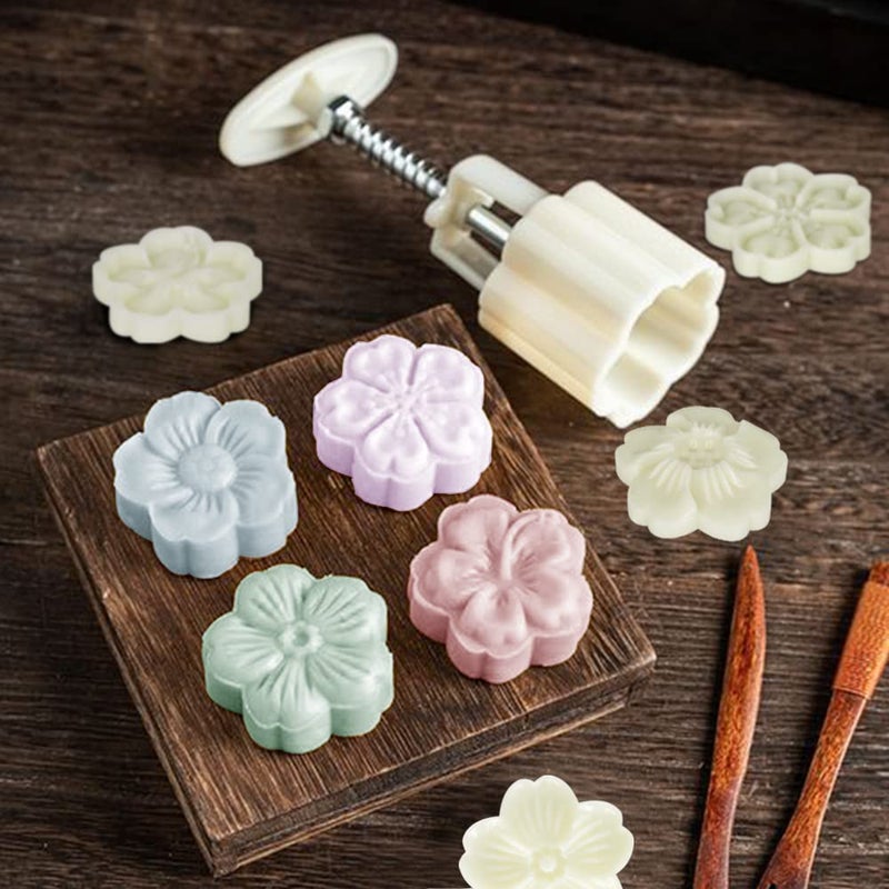 FineGood 2 Set Mooncake Mould Press With 10 Stamps  FineGood Round Cherry Blossom Mooncake Mould Dessert Decoration for DIY Cookie Hand Pressure Mooncake Baking Tools (50g  75g) - Image 5