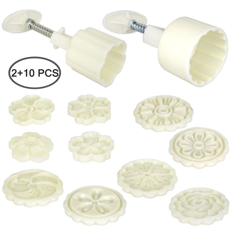 FineGood 2 Set Mooncake Mould Press With 10 Stamps  FineGood Round Cherry Blossom Mooncake Mould Dessert Decoration for DIY Cookie Hand Pressure Mooncake Baking Tools (50g  75g) - Image 2