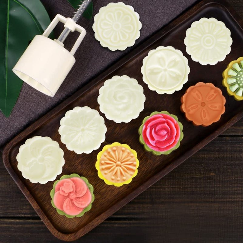 FineGood 2 Set Mooncake Mould Press With 10 Stamps  FineGood Round Cherry Blossom Mooncake Mould Dessert Decoration for DIY Cookie Hand Pressure Mooncake Baking Tools (50g  75g) - Image 4