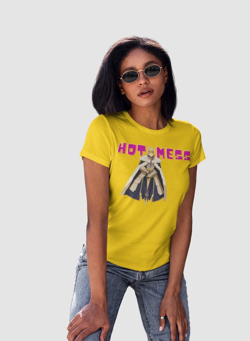 MERCH Hot Mess Cotton T-shirt - Vibrant Yellow Tee With Saber From Fate/Stay Night Anime - Image 1