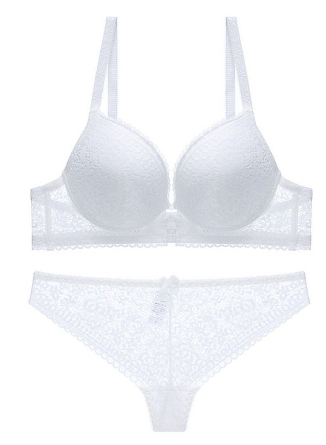 Loquat Solid Color C Cup Lace Bra Panty Set White 