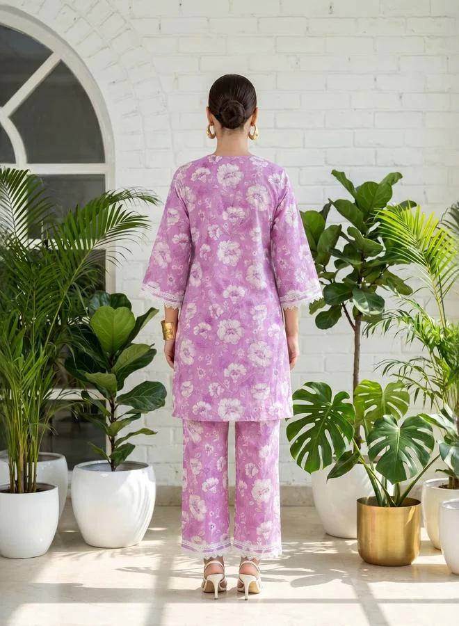 تايك تو Lilac Floral Print Lace Details Tunic and Trousers Set By Imana